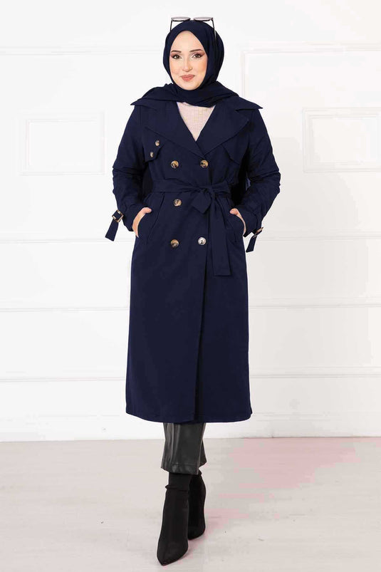 Comfortable Trench Coat with Cross Button Detail and Adjustable Sleeves in Navy Blue