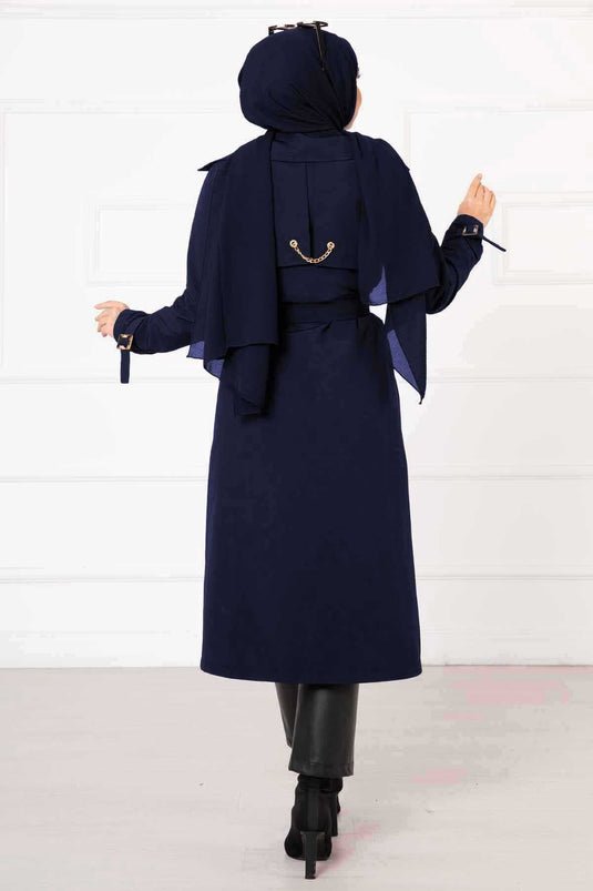 Comfortable Trench Coat with Cross Button Detail and Adjustable Sleeves in Navy Blue