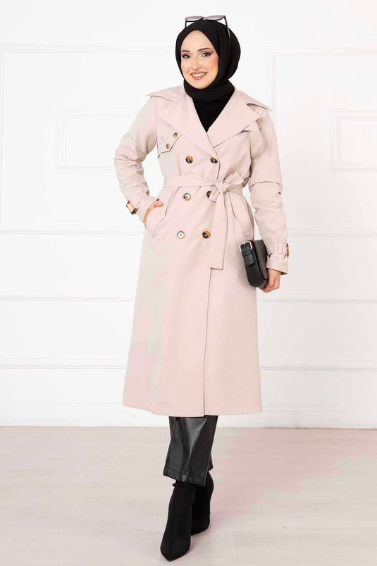 Comfortable Trench Coat with Cross Button Detail and Adjustable Sleeves in Stone