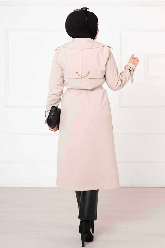 Comfortable Trench Coat with Cross Button Detail and Adjustable Sleeves in Stone