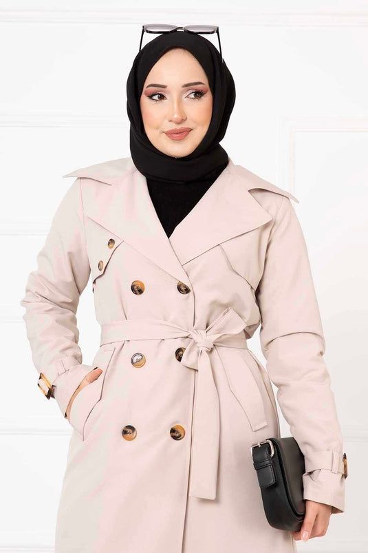 Comfortable Trench Coat with Cross Button Detail and Adjustable Sleeves in Stone