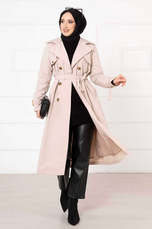 Comfortable Trench Coat with Cross Button Detail and Adjustable Sleeves in Stone