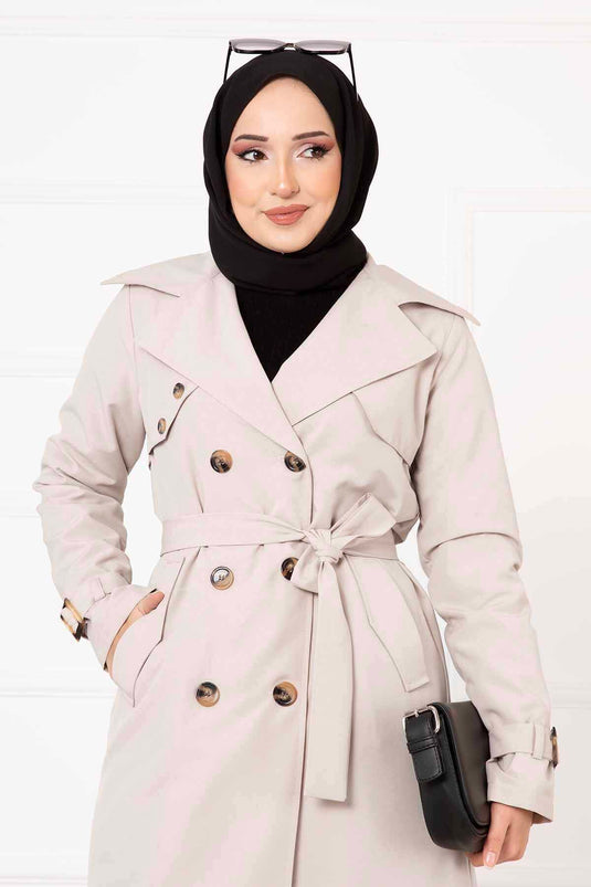 Comfortable Double Breasted Button Detailed Trench Coat with Adjustable Sleeves Stone