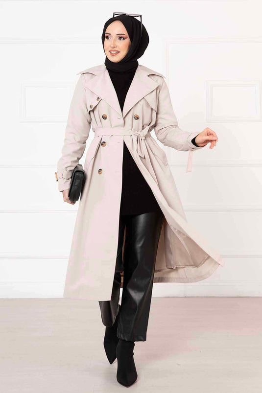 Comfortable Double Breasted Button Detailed Trench Coat with Adjustable Sleeves Stone
