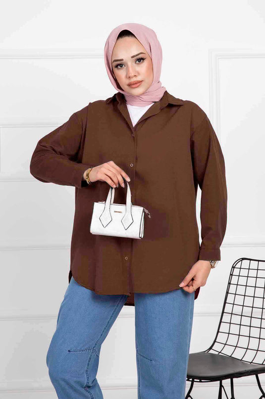 Chemise Hijab Coupe Confortable Marron Foncé