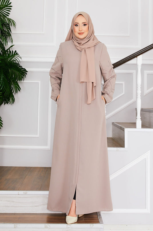 Ravza Sleeved Stone Embellished Modest Overcoat Beige