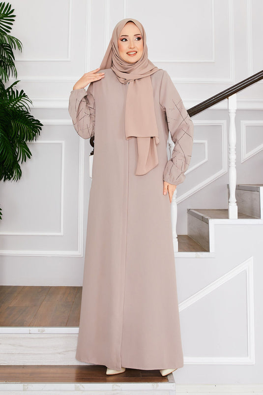 Ravza Sleeved Stone Embellished Modest Overcoat Beige