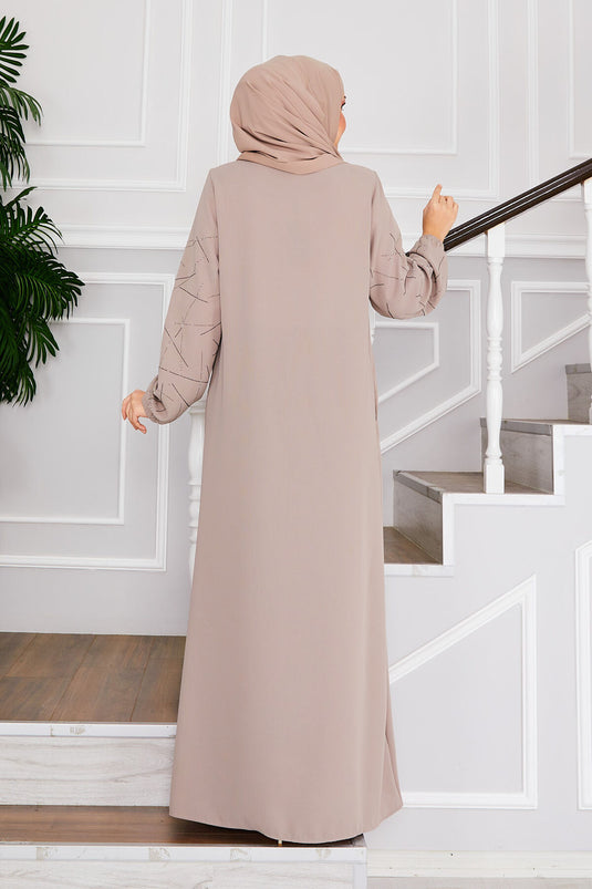 Ravza Sleeved Stone Embellished Modest Overcoat Beige