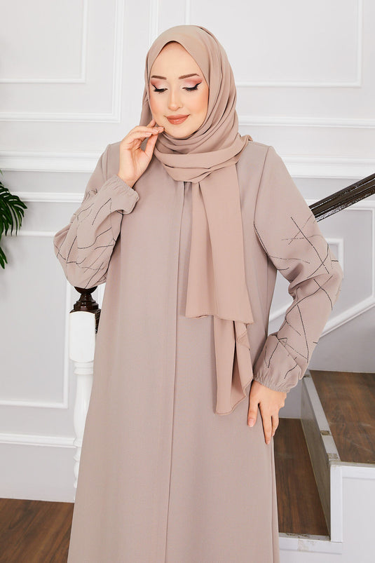 Ravza Sleeved Stone Embellished Modest Overcoat Beige