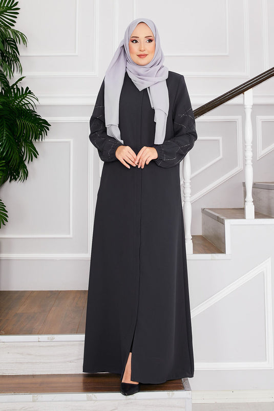 Abaya Hijab Stoned Gris avec Manches Ravza