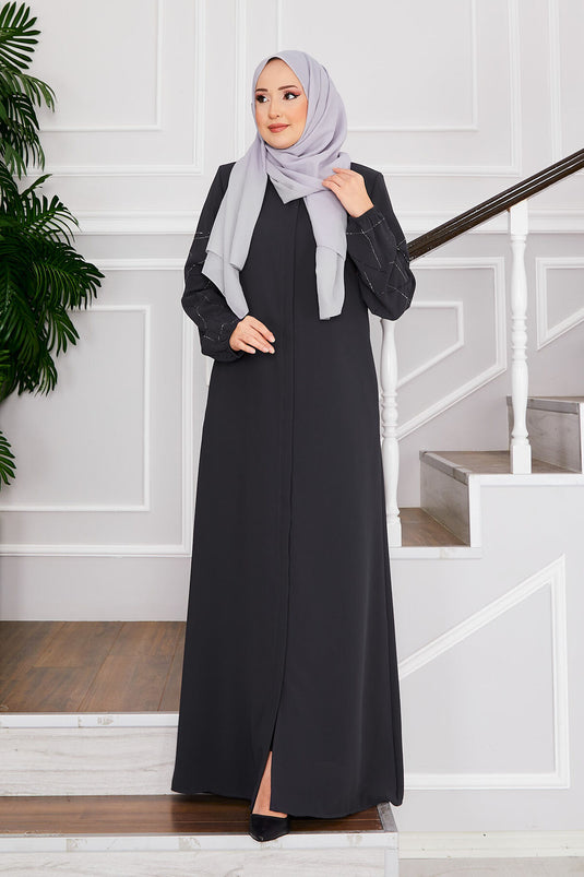 Ravza Sleeved Stone Embellished Modest Overcoat Gray