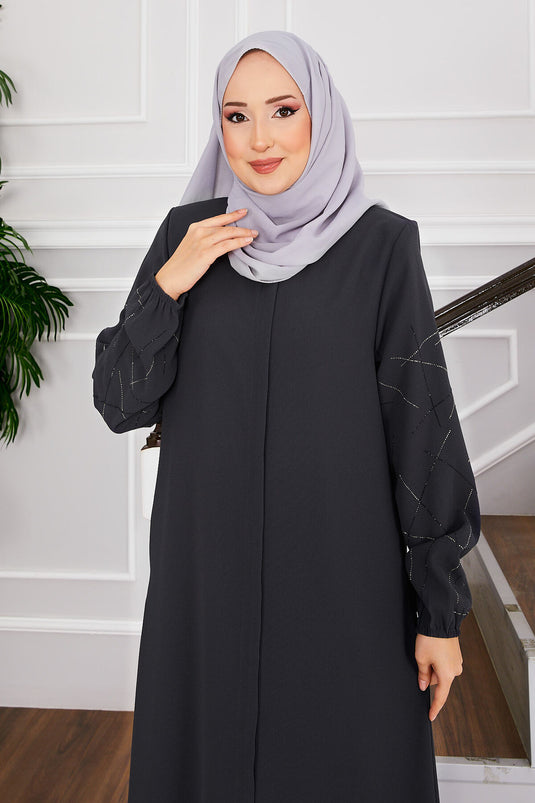 Ravza Sleeved Stone Embellished Modest Overcoat Gray