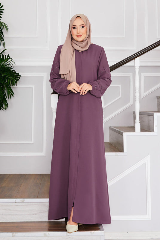 Ravza Sleeved Stone Embellished Modest Overcoat Rose Pink