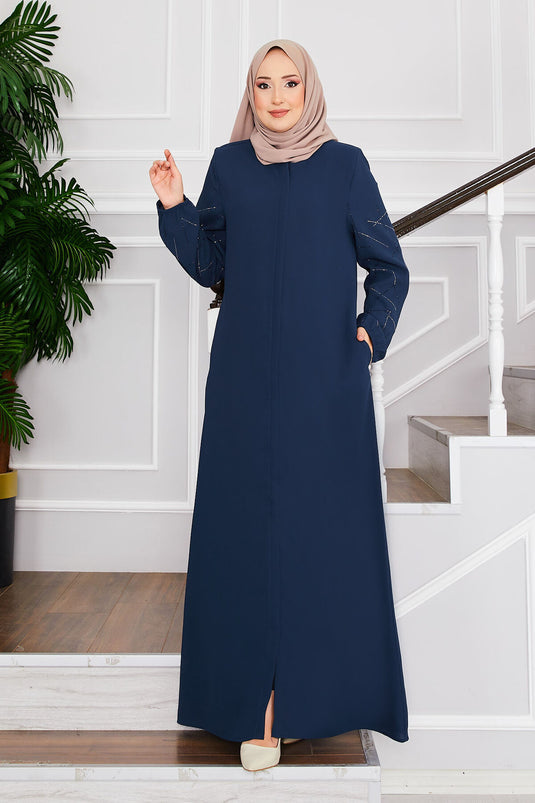 Ravza Sleeved Stone-Embellished Modest Abaya Indigo