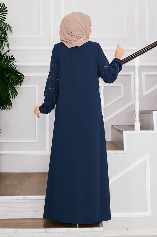 Ravza Sleeved Stone-Embellished Modest Abaya Indigo