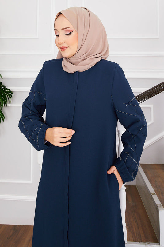 Ravza Sleeved Stone-Embellished Modest Abaya Indigo