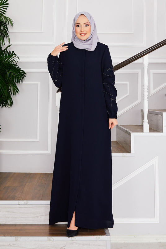 Ravza Sleeved Stone Embellished Modest Overcoat Navy Blue