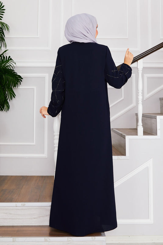 Ravza Sleeved Stone Embellished Modest Overcoat Navy Blue