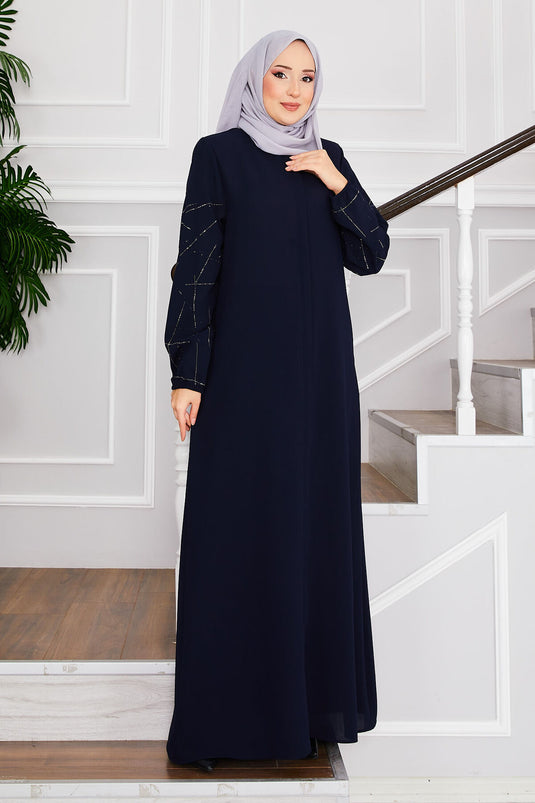 Ravza Sleeved Stone Embellished Modest Overcoat Navy Blue