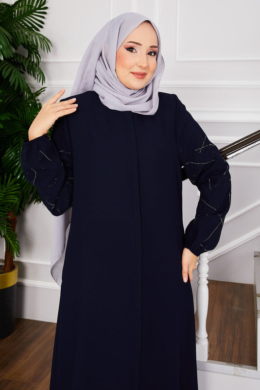 Ravza Sleeved Stone Embellished Modest Overcoat Navy Blue