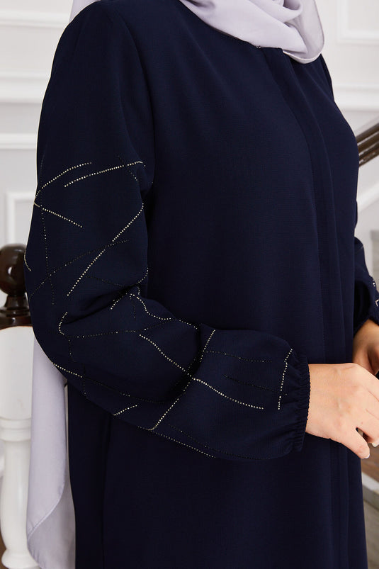 Ravza Sleeved Stone Embellished Modest Overcoat Navy Blue