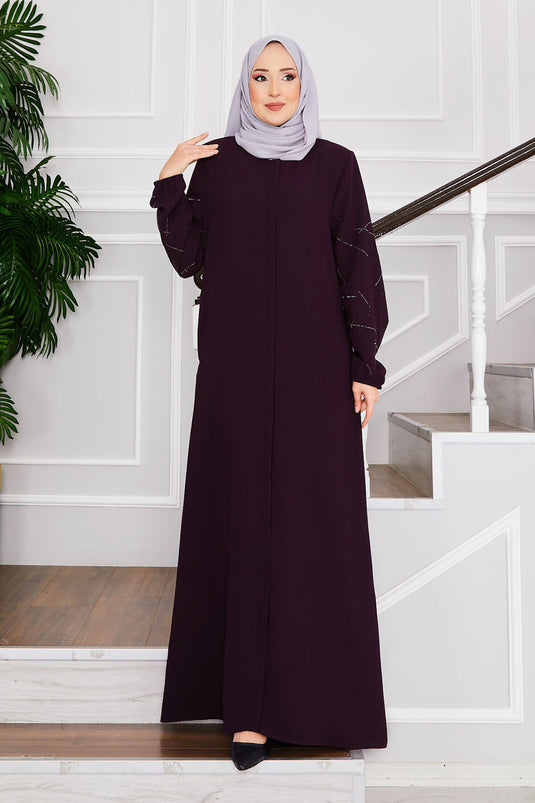 Ravza Sleeved Stone Embellished Modest Abaya Purple