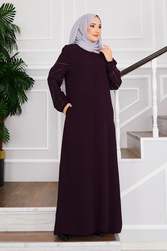 Ravza Sleeved Stone Embellished Modest Abaya Purple