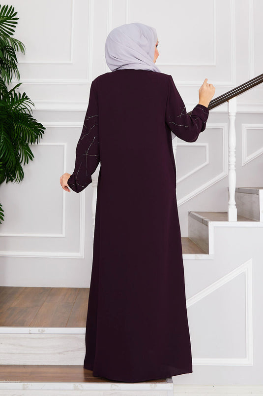 Ravza Sleeved Stone Embellished Modest Abaya Purple