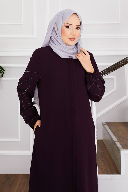 Ravza Sleeved Stone Embellished Modest Abaya Purple