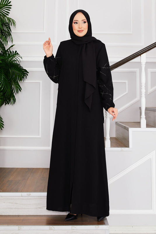 Ravza Sleeved Stone Embellished Modest Abaya Black