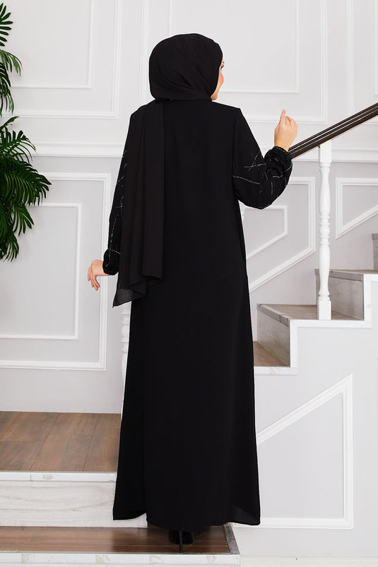 Ravza Sleeved Stone Embellished Modest Abaya Black