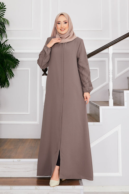 Ravza Sleeved Stone Embellished Modest Overcoat Beige