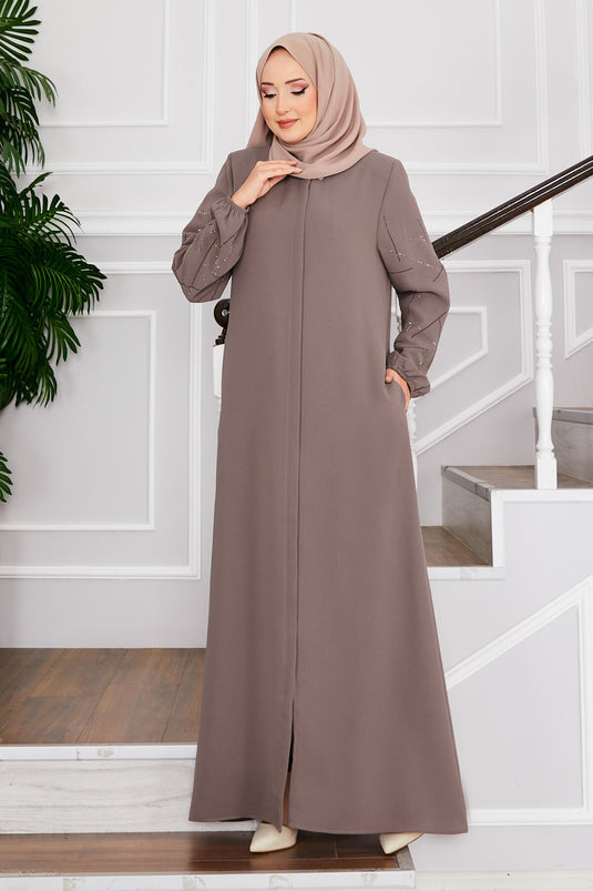 Ravza Sleeved Stone Embellished Modest Overcoat Beige