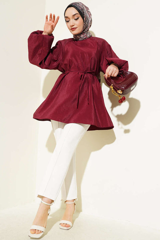 Reglan Balon Kol İp Kuşaklı Tunik Bordo