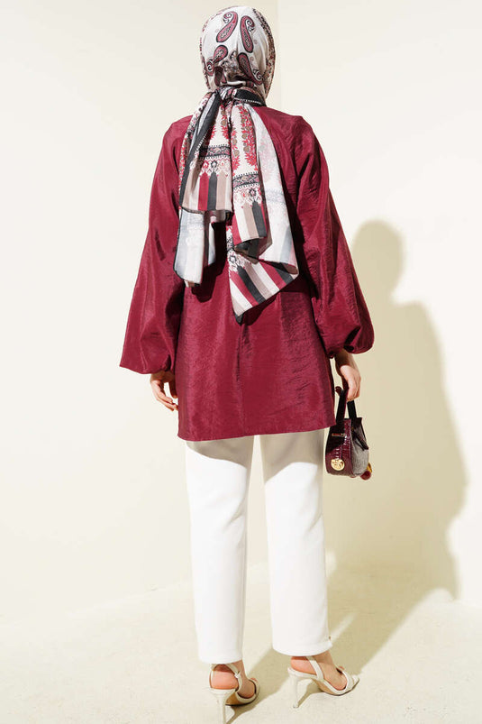 Reglan Balon Kol İp Kuşaklı Tunik Bordo
