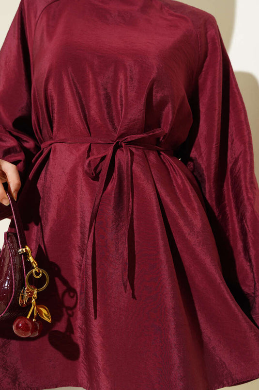 Reglan Balon Kol İp Kuşaklı Tunik Bordo