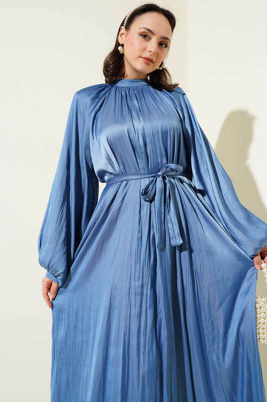 Reglan Balloon Sleeve Wrinkled Satin Dress Blue