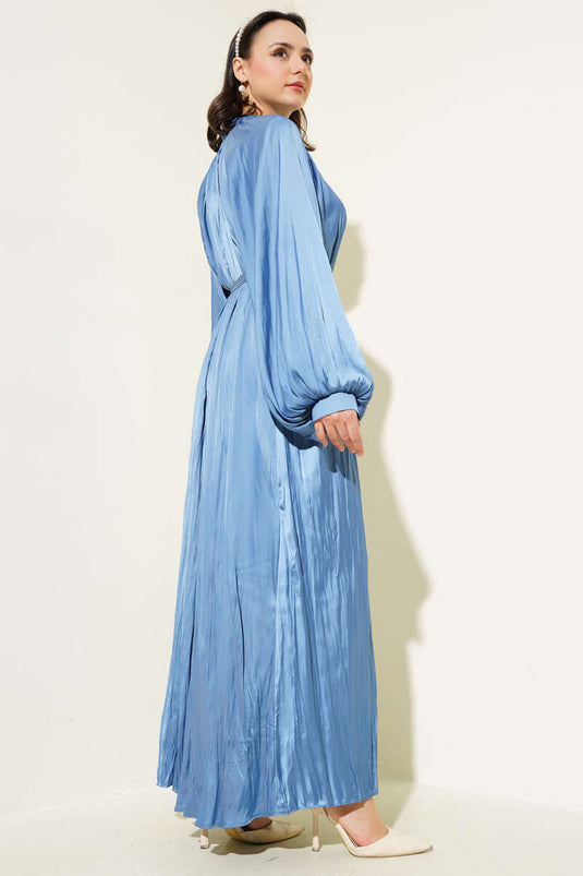 Reglan Balloon Sleeve Wrinkled Satin Dress Blue