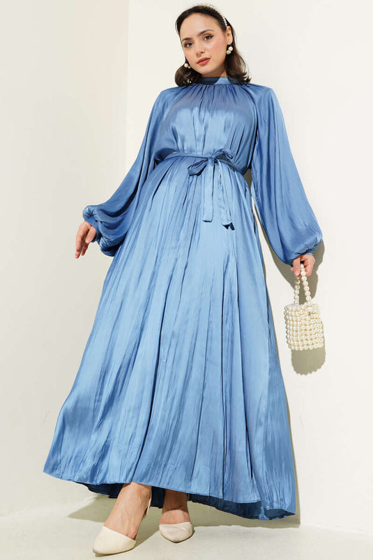 Reglan Balloon Sleeve Wrinkled Satin Dress Blue