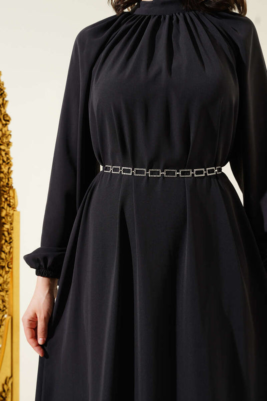 Raglan Sleeve Chain Belted Dress Anthracite