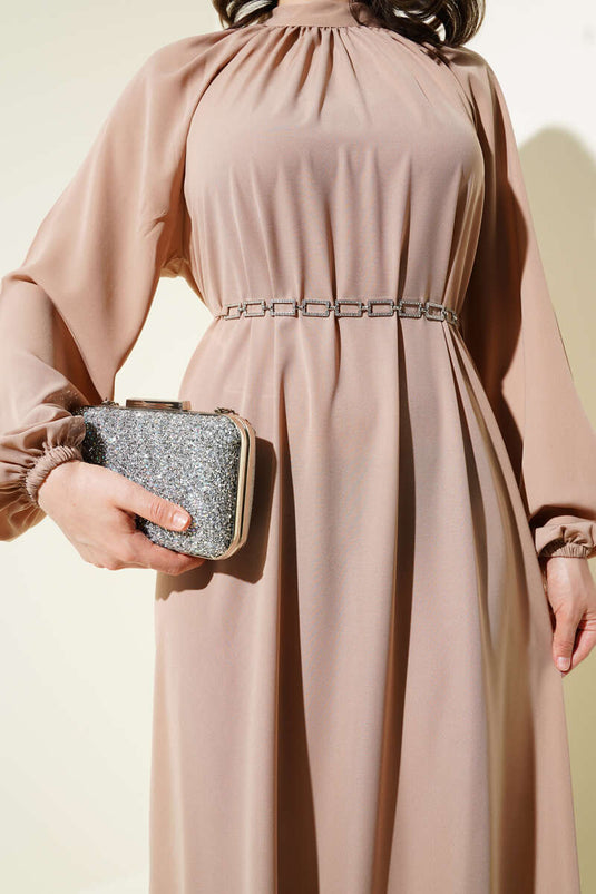 Raglan Sleeve Chain Belted Dress Beige