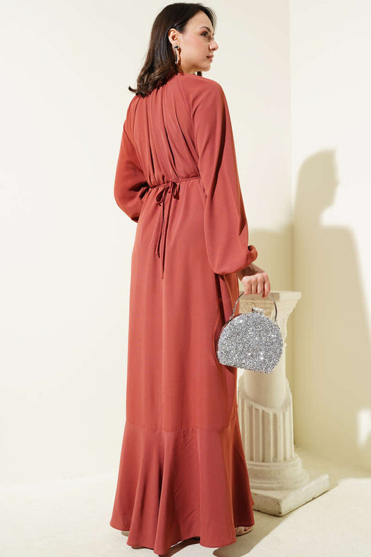 Reglan Kol Zincir Kuşaklı Elbise Gül Kurusu