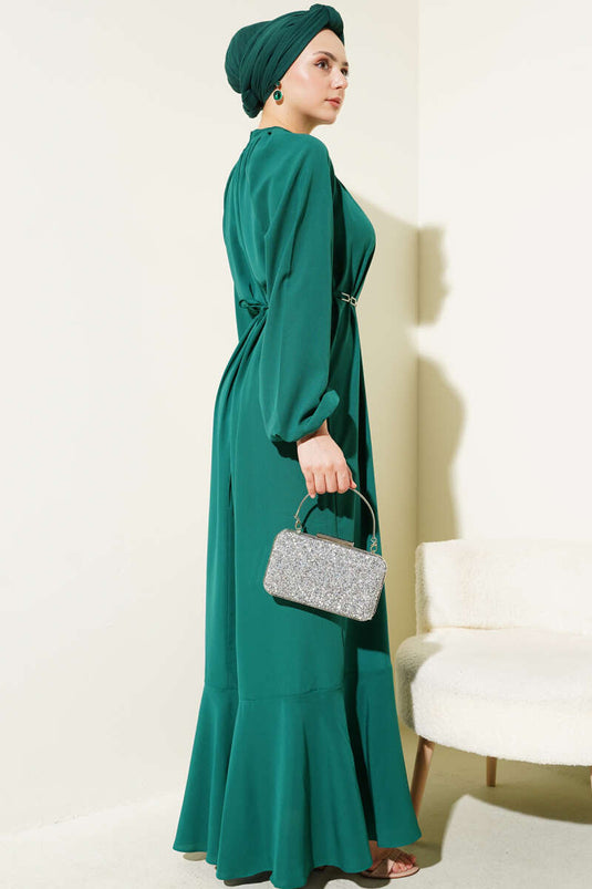 Raglan Sleeve Chain Belted Dress Emerald