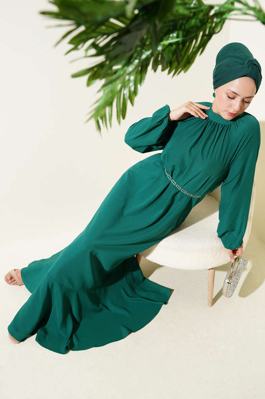 Raglan Sleeve Chain Belted Dress Emerald