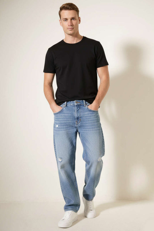 Regular Fit Bol Erkek Kot Pantolon Açık Mavi