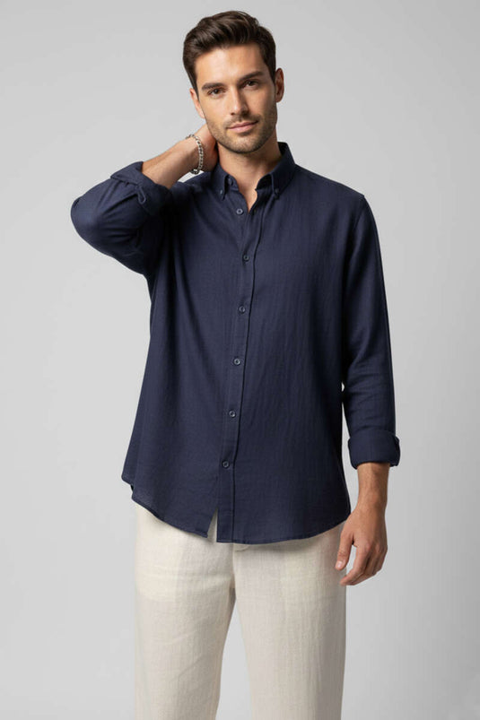 Regular Fit Men's Linen Shirt Navy Blue