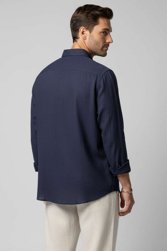 Regular Fit Men's Linen Shirt Navy Blue
