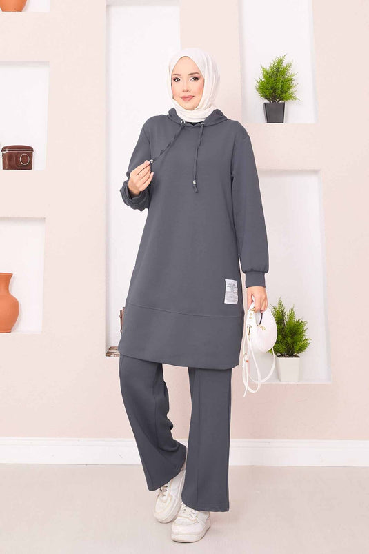 Relax Emblem Hooded Hijab Two Piece Suit Smoke