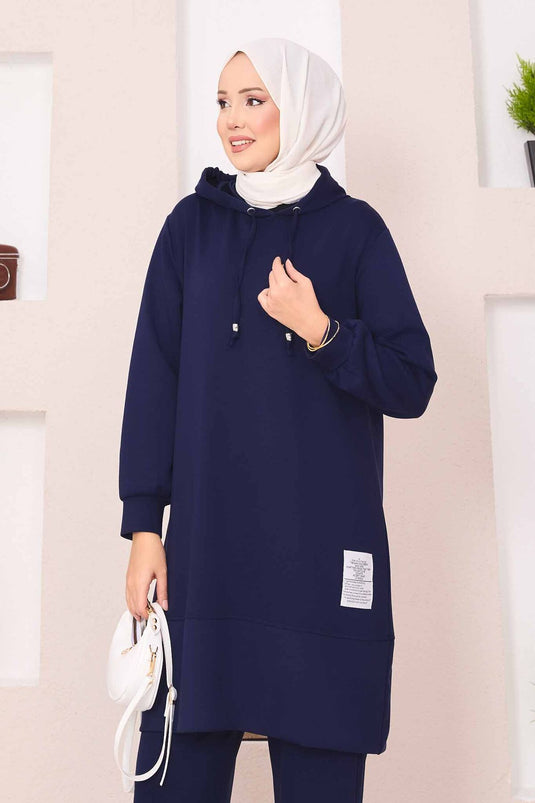 Relax Emblem Hooded Hijab Two Piece Suit Navy Blue