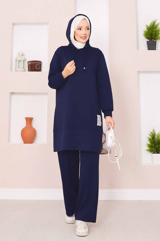 Relax Emblem Hooded Hijab Two Piece Suit Navy Blue